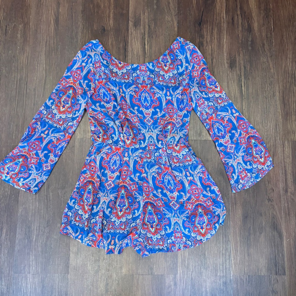 Vibrant Royal Blue Paisley Medallion Romper Coquette Bell Sleeve M Western Chic
